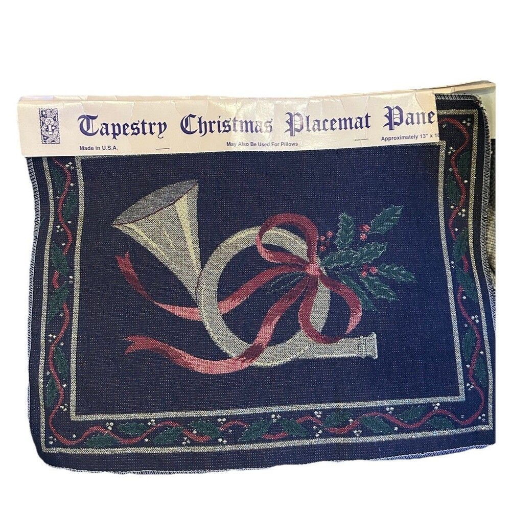 Vintage 2 Tapestry Christmas Placemats/Pillow Panels French Horn Navy USA Made